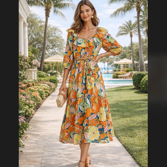 J. Crew Dresses & Skirts - J. Crew Belted Dress Large Floral Tropical Ruffle Neck Midi Balloon Sleeve Retro